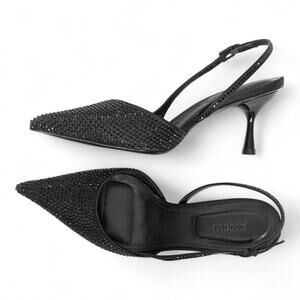 Black Crystal Slingback Kitten Heel Pointed Toe Dainty Glam Minimalist, sz 6 NEW